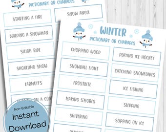 May include: Printable winter-themed game cards with illustrations of snowmen. The cards feature activities like building a snowman, sledding, and ice fishing. The text "Winter Pictionary or Charades" is at the top of the cards.
