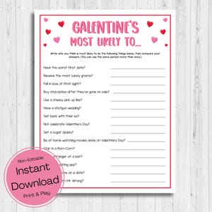 SOFORTIGER DOWNLOAD Galentines Tag am wahrscheinlichsten, um Druckbare - Valentinstag Spiel zum Ausdrucken - Galentiner Eisbrecher Spiel - Galentines Preisspiel