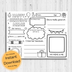 DESCARGA INSTANTE - Feliz Cumpleaños Mimi Página para colorear - Feliz Cumpleaños Mimi Tarjeta - Todo sobre Mi Mimi Imprimible - Cumpleaños de Mimi