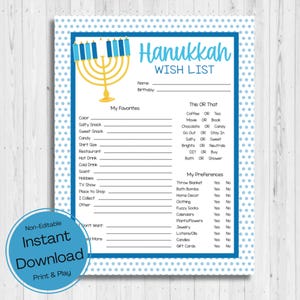 SOFORTIGER DOWNLOAD Chanukka Wunschliste zum Ausdrucken - Chanukka Geschenktausch - Feiertagswunschliste - Chanukka Geschenkidee zum Ausdrucken - Chanukka Geschenke