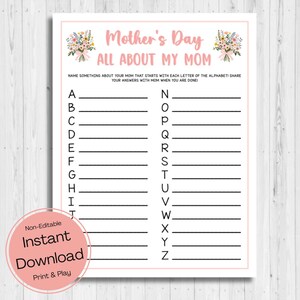 INSTANT DOWNLOAD Mother&#39;s Day A To Z Game Printable - Mother&#39;s Day Game Printable - All About My Mom A to Z  Game - Mother&#39;s Day Word Game