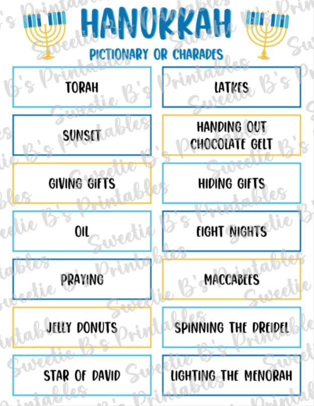 INSTANT DOWNLOAD Hanukkah Pictionary or Charades Printable - Holiday ...
