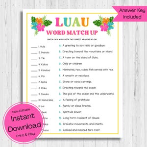 INSTANT DOWNLOAD Luau Word Match Up Game Printable - Luau Game Printable - Luau Trivia Game - Luau Party Word Game