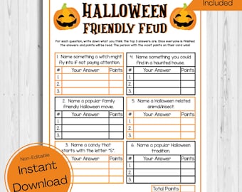 May include: A Halloween-themed game sheet with the title "Halloween Friendly Feud" and pumpkin illustrations. The sheet includes fill-in-the-blank questions about Halloween topics. The words "Instant Download" and "Print & Play" are also visible.