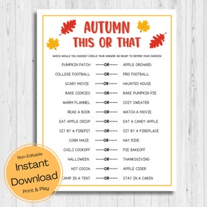INSTANT DOWNLOAD Autumn This Or That Game Printable - Autumn Game Printable - Autumn Activity Printable - Fall This Or That Printable