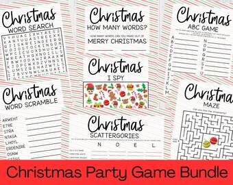 May include: A printable Christmas party game bundle with 8 different games: word search, word scramble, how many words, I spy, ABC game, scattergories, maze, and a Christmas-themed title.