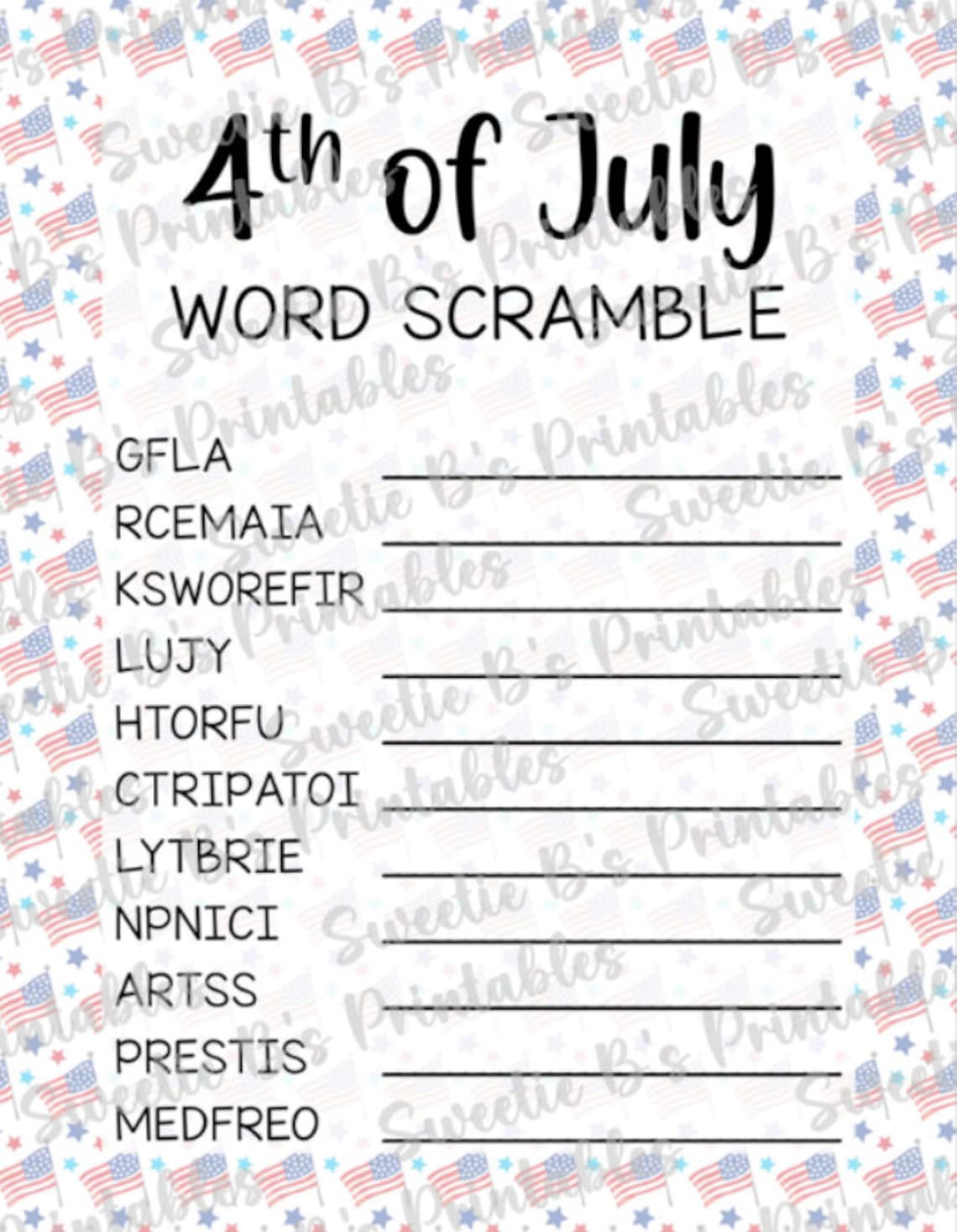 INSTANT DOWNLOAD 4th of July Word Scramble Game Printable - 4th of July ...