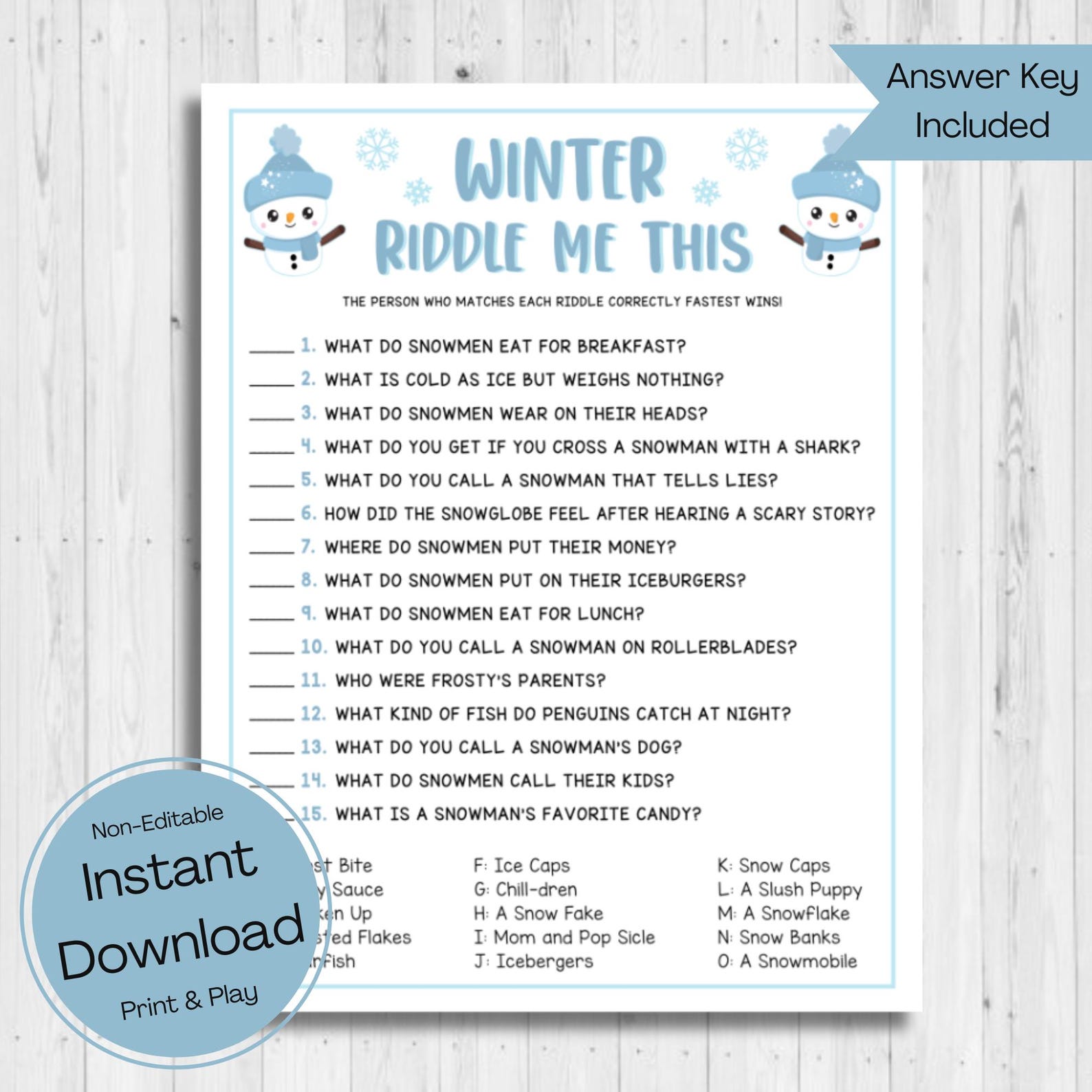Winter Riddle Worksheet INSTANT DOWNLOAD Winter Riddle Game Printable - Holiday Game Printable ...
