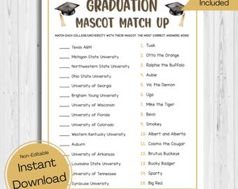 INSTANT DOWNLOAD Graduation Mascot Match Up Game Printable - Graduation Trivia Game - Graduation Party Game - Graduation Party Trivia Game