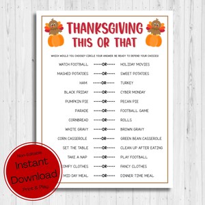 INSTANT DOWNLOAD Thanksgiving This Or That Game Printable - Autumn Game Printable - Friendsgiving Party Game - Fall This Or That Printable