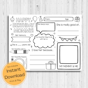 DOWNLOAD INSTANTÂNEO - Página para colorir de feliz aniversário para mamãe - Cartão de feliz aniversário para mamãe - Tudo sobre minha mamãe para imprimir - Aniversário da mamãe