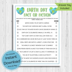 INSTANT DOWNLOAD Earth Day Fact Or Fiction Game Printable - Earth Day Trivia Game - Earth Day Party Game - Earth Day Party Trivia Game