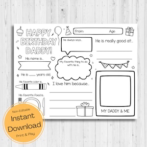 SOFORTIGER DOWNLOAD - Happy Birthday Daddy Malseite - Karte zum Geburtstag Daddy - Alles über meinen Daddy zum Ausdrucken