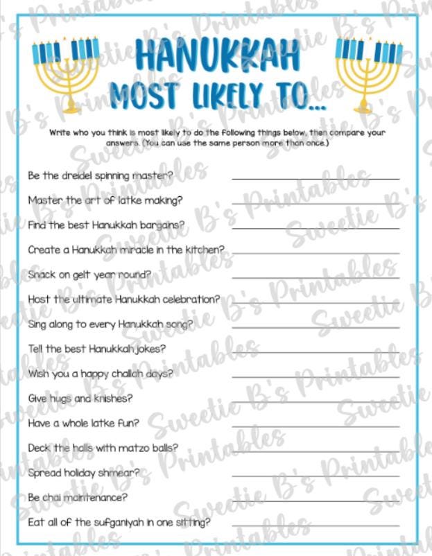 INSTANT DOWNLOAD Hanukkah Most Likely to Printable - Holiday Game ...