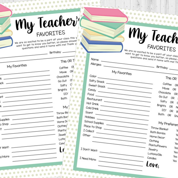 INSTANT DOWNLOAD - Teacher Appreciation Survey Printable - Teacher Questionnaire - Teacher Survey - My Favorite Things