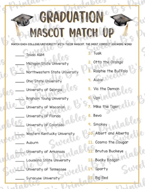 graduation dress up games INSTANT DOWNLOAD Mascot Match Game Printable - Graduation Trivia Game - Graduation Party Game NECK SIZES--16/16.5 34/35