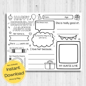 INSTANT DOWNLOAD - gelukkige verjaardag tante kleurplaat - gelukkige verjaardag tante kaart - alles over mijn tante afdrukbare - tante's verjaardag