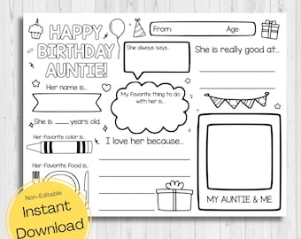 SOFORTIGER DOWNLOAD - Alles Gute zum Geburtstag Tante Ausmalseiten - Karte zum Geburtstag Tante - Alles über meine Tante zum Geburtstag
