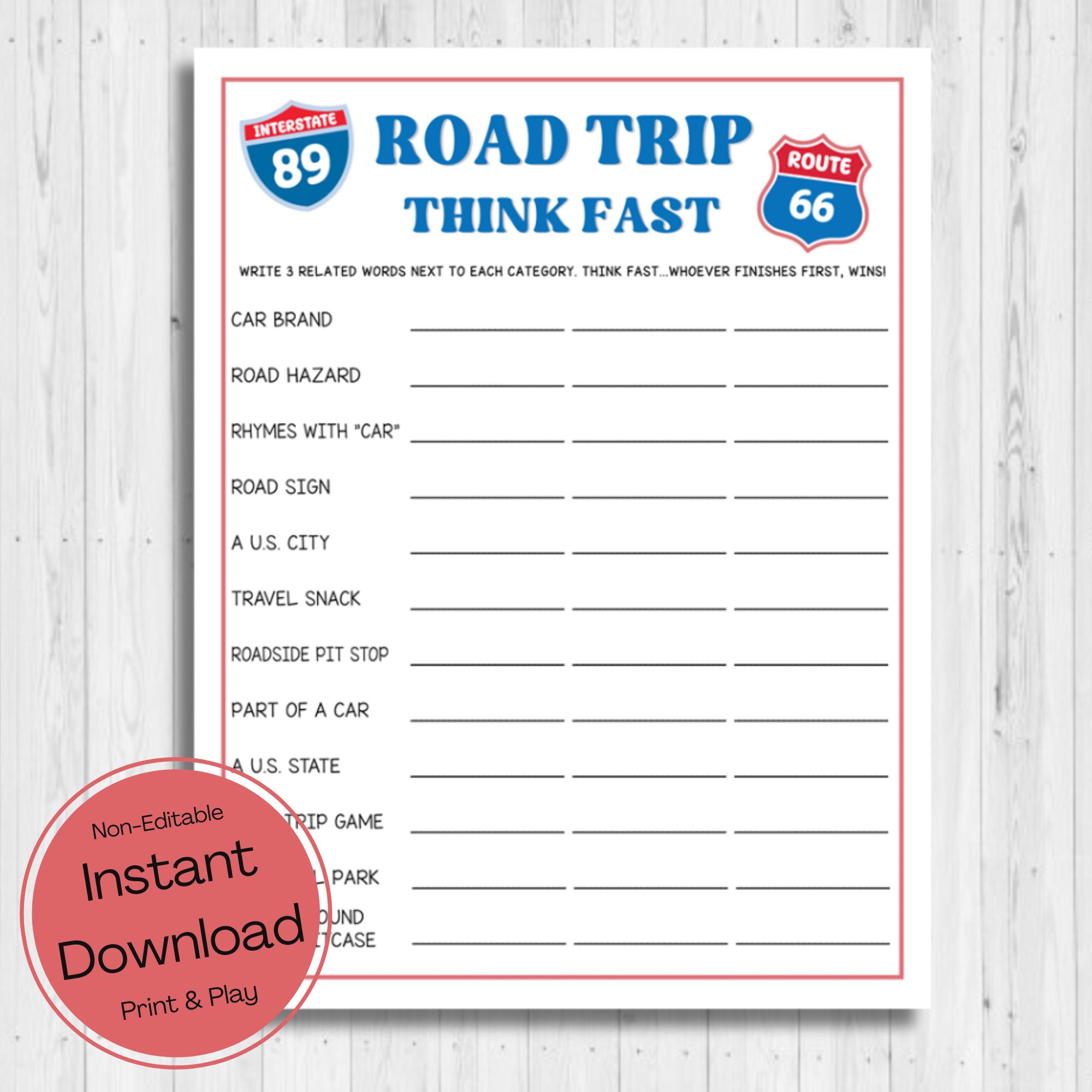 INSTANT DOWNLOAD Road Trip Think Fast Game Printable - Road Trip