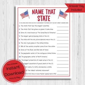 INSTANT DOWNLOAD 4th of July Trivia Game Printable - Independence Day Game Printable - 4th of July - Name That State Game