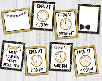 May include: Set of ten printable New Year's Eve countdown cards with gold and black polka dot backgrounds. Each card features a clock face with a different time, including 3:30 PM, Midnight, 5:00 PM, 4:00 PM, and 2:30 PM. One card has a black bow tie and another has a black masquerade mask. One card says "Write your New Year's Resolution".