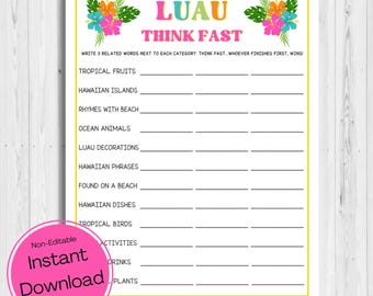 INSTANT DOWNLOAD Luau Think Fast Game Printable - Luau Activity Printable - Luau Word Game Printable - Luau Word Game