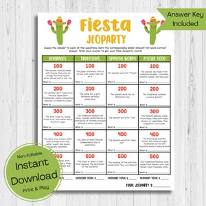INSTANT DOWNLOAD Fiesta Jeoparty Game Printable - Fiesta Game Printable - Fiesta Trivia Printable - Fiesta Jeoparty Game