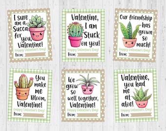 May include: Six printable Valentine's Day cards featuring cute cartoon succulents and cacti with puns. The cards are decorated with a green and white gingham pattern.