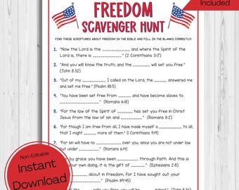 INSTANT DOWNLOAD 4th of July Bible Verse Scavenger Hunt Game - Bible Scavenger Hunt - Church Independence Day Game - Freedom Bible Verses