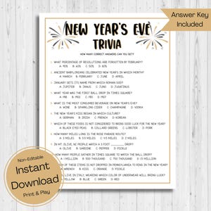 INSTANT DOWNLOAD New Year Trivia Game Printable - Holiday Game Printable - New Year&#39;s Ever Party Game Printable - Holiday Trivia Game