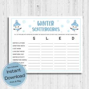 INSTANT DOWNLOAD Winter Scattergories Printable Game - Winter Game Printable - Winter Activity Printable - Winter Word Game - Snow Day Game