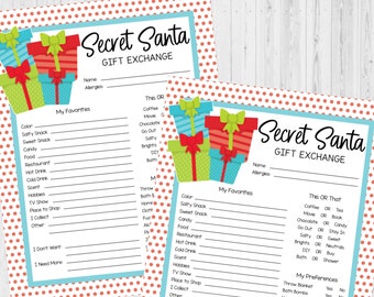 May include: Two printable Secret Santa gift exchange cards with a red and white polka dot background. The cards feature a festive design with stacked gift boxes in red, green, and blue. The cards include sections for names, allergies, favorite things, and preferences.