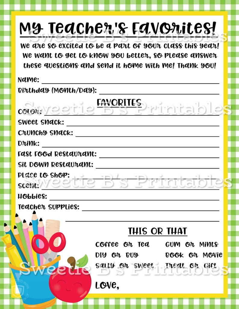 INSTANT DOWNLOAD Teacher Appreciation Survey Printable Teacher ...