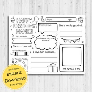INSTANT DOWNLOAD - Happy Birthday Nanie Coloring Page - Happy Birthday Nanie Card - All About My Nanie Printable - Nanie's Birthday