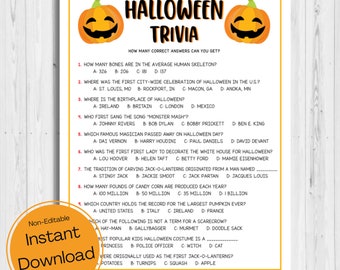 Puede incluir: Un juego de preguntas y respuestas de Halloween para imprimir con un gráfico de calabaza. Las preguntas cubren temas como la cantidad de huesos en el esqueleto humano, el lugar de nacimiento de Halloween y la primera ciudad en celebrar Halloween en los Estados Unidos.