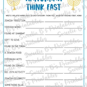 INSTANT DOWNLOAD Hanukkah Think Fast Printable - Hanukkah Game ...