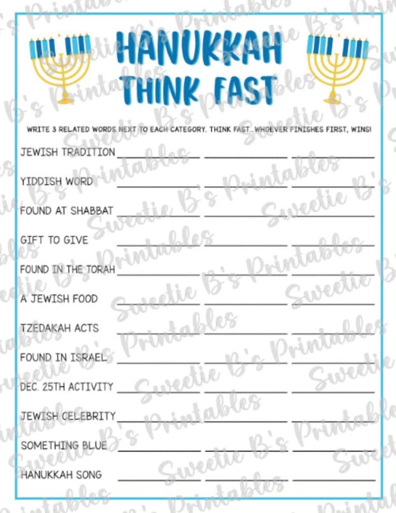 INSTANT DOWNLOAD Hanukkah Think Fast Printable - Hanukkah Game ...