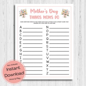 INSTANT DOWNLOAD Mother&#39;s Day A To Z Game Printable - Mother&#39;s Day Game Printable - Things Moms Do A to Z  Game - Mother&#39;s Day Word Game