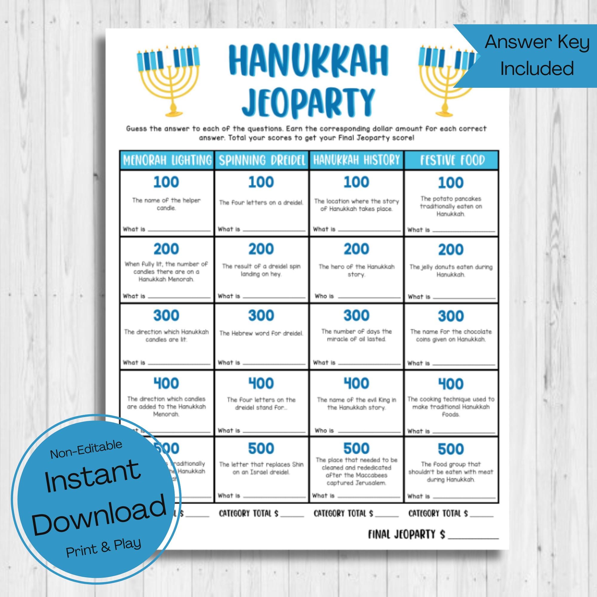 INSTANT DOWNLOAD Hanukkah Jeoparty Game Printable - Holiday Game ...
