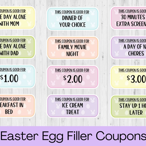 INSTANT DOWNLOAD Easter Egg Token Printable - Easter Egg Filler Coupon Printable - Easter Egg Tokens - Easter Egg Coupons - Kids Easter Gift