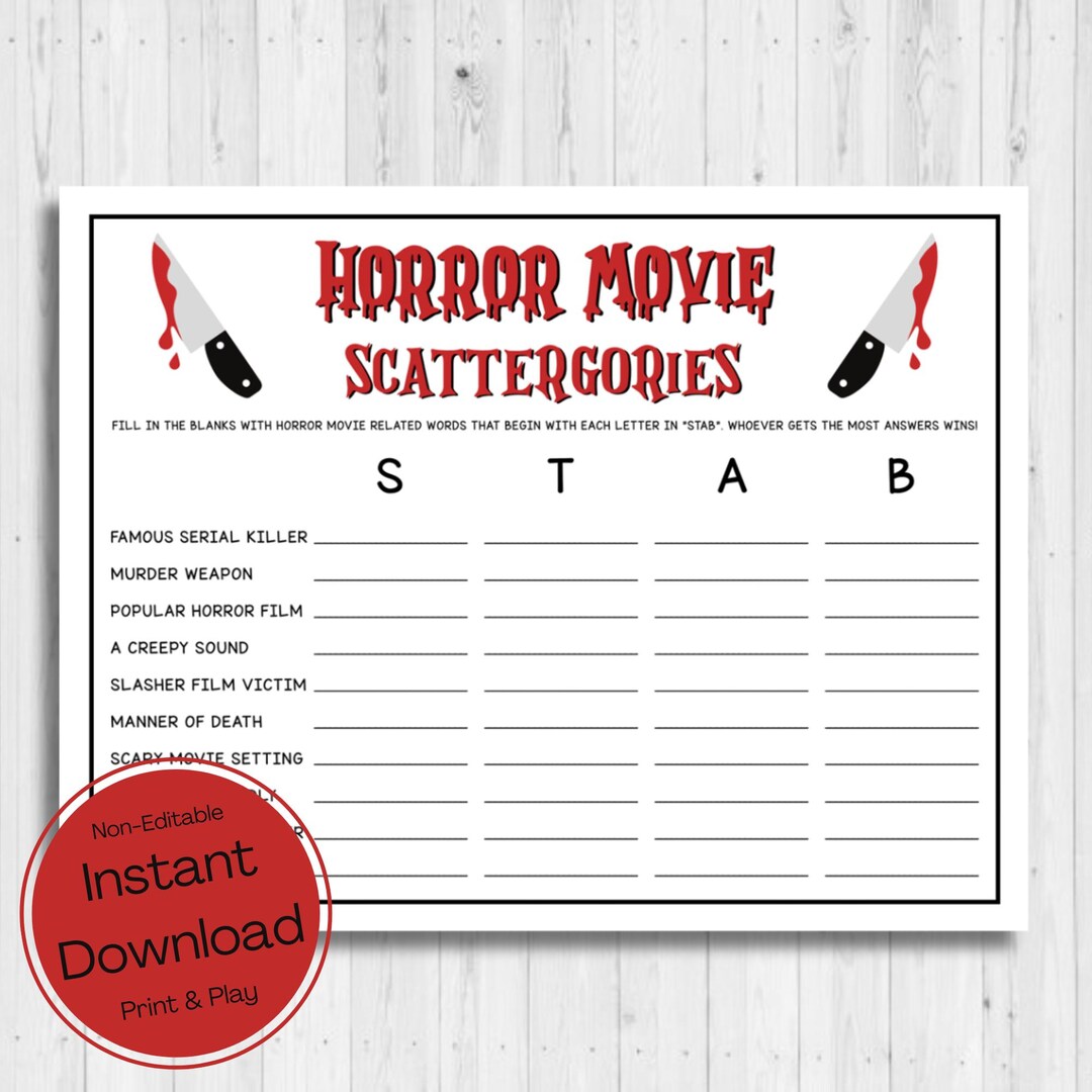 INSTANT DOWNLOAD Horror Movie Scattergories Printable Game - Halloween ...