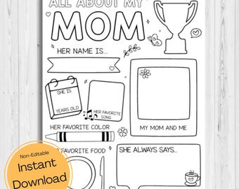 INSTANT DOWNLOAD - All About My Mom Printable - Mother's Day Printable - Mother's Day Questionnaire - Birthday Gift For Mom