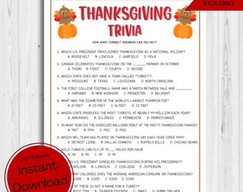 May include: A printable Thanksgiving trivia game with a brown and gold border. The game features 10 questions about Thanksgiving traditions and history. The questions are printed in black text on a white background. The game is titled "Thanksgiving Trivia" and includes an answer key. The game is non-editable and can be downloaded and printed.