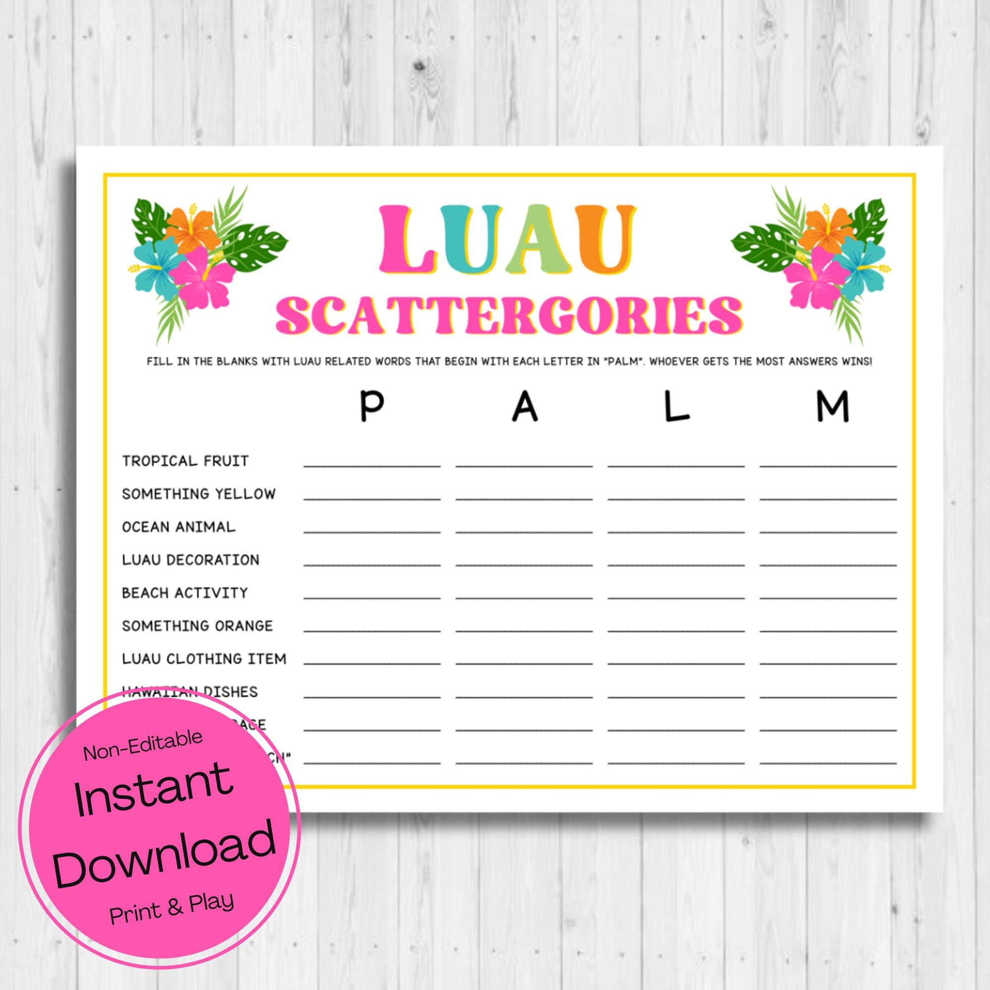 INSTANT DOWNLOAD Luau Scattergories Printable Game - Summer Game Printable - Luau Activity Printable - Luau Word Game Printable