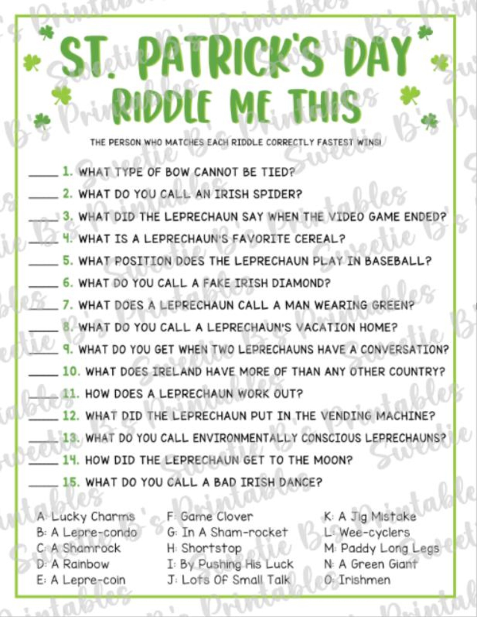 INSTANT DOWNLOAD St Patrick's Day Riddle Game Printable - St Patrick's ...