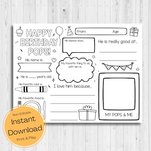 DOWNLOAD INSTANTÂNEO - Página para colorir de Feliz Aniversário Pops - Cartão de Feliz Aniversário Pops - Tudo sobre meu Pops para imprimir - Cartão de aniversário do Pops