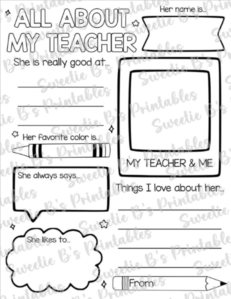 INSTANT DOWNLOAD All About My Teacher Printable Teacher Appreciation