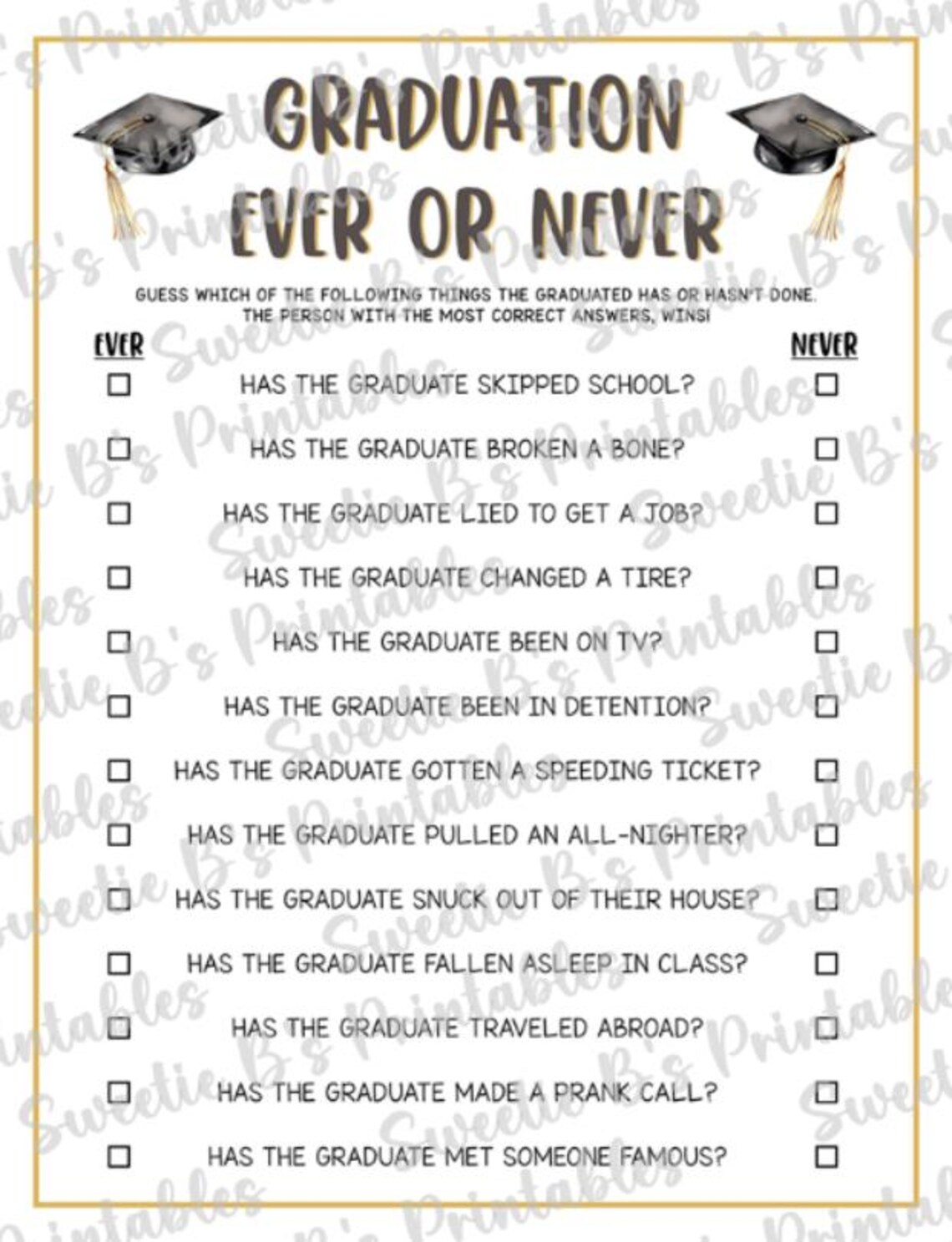INSTANT DOWNLOAD Graduation Ever or Never Game Printable - Graduation ...