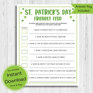 Könnte beinhalten: Ein druckbares St. Patrick's Day-Spiel namens "Friendly Feud". Das Spiel fordert die Spieler auf, gemeinsame Merkmale von Kobolden, irischen Fabelwesen, Tanzarten, traditionellen irischen Gerichten, Grüntönen, Gegenständen aus Gold, Städten mit großen St. Patrick's Day-Feiern und Symbolen, die mit St. Patrick's Day verbunden sind, zu nennen.
