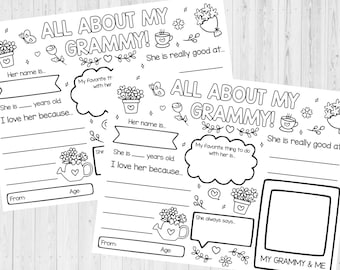 INSTANT DOWNLOAD - All About My Grammy Printable - Grandparent's Day Printable - Grandparent's Day Questionnaire - Birthday Gift For Grandma